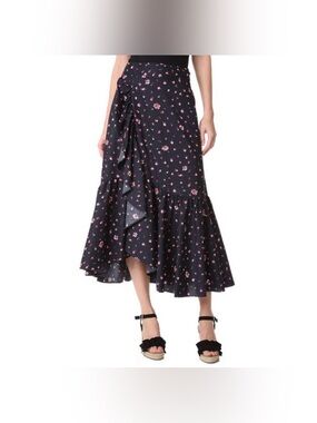 Rebecca Taylor Mia Ruffle Black Floral Asymmetrical Skirt Size 6
